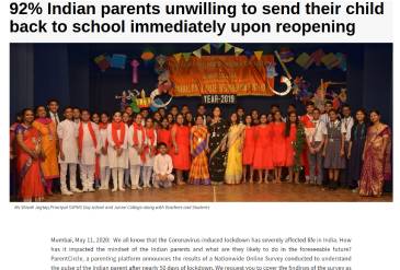 92% Indian parents unwilling to send their child back to school immediately upon reopening